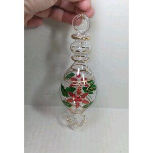 Vintage Ornate Hand Blown Glass Christmas Ornament Etched Painted Holly Gold